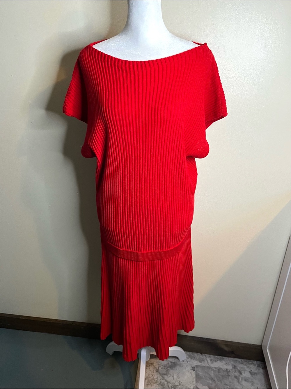 Maeve by Anthropologie Red Ribbed Knit Midi Dress Drop Waist